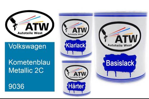 Volkswagen, Kometenblau Metallic 2C, 9036: 1L Lackdose + 1L Klarlack + 500ml Härter - Set, von ATW Autoteile West.